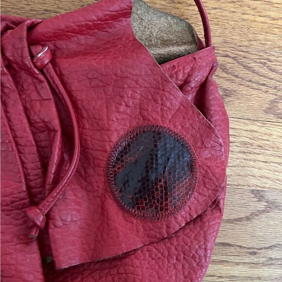 Red Leather Raw Edge Boho Shoulder Bag - Picture 4 of 8